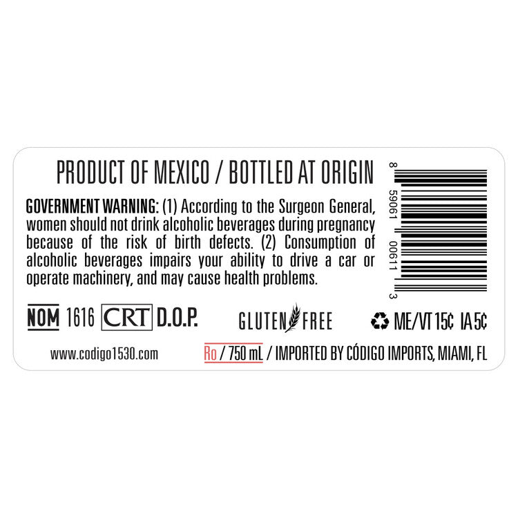 Codigo 1530 Tequila Blanco Rosa 80 - 750ML - Back Label