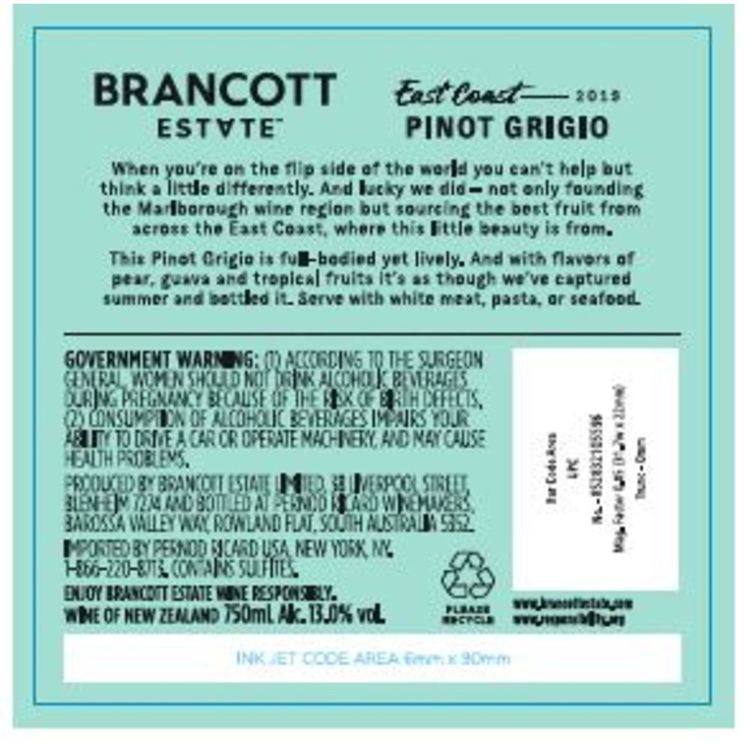 Brancott Estate Pinot Grigio East Coast - 750ML - Back Label