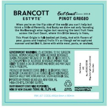 Brancott Estate Pinot Grigio East Coast - 750ML - Back Label