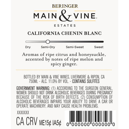 Beringer Main & Vine Chenin Blanc California - 750ML - Back Label