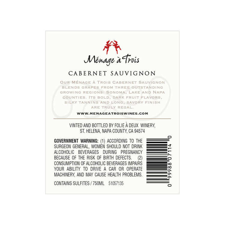 Menage A Trois Cabernet Sauvignon North Coast - 750ML - Back Label