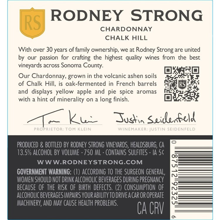 Rodney Strong Chardonnay Chalk Hill 2023 - 750ML - Back Label