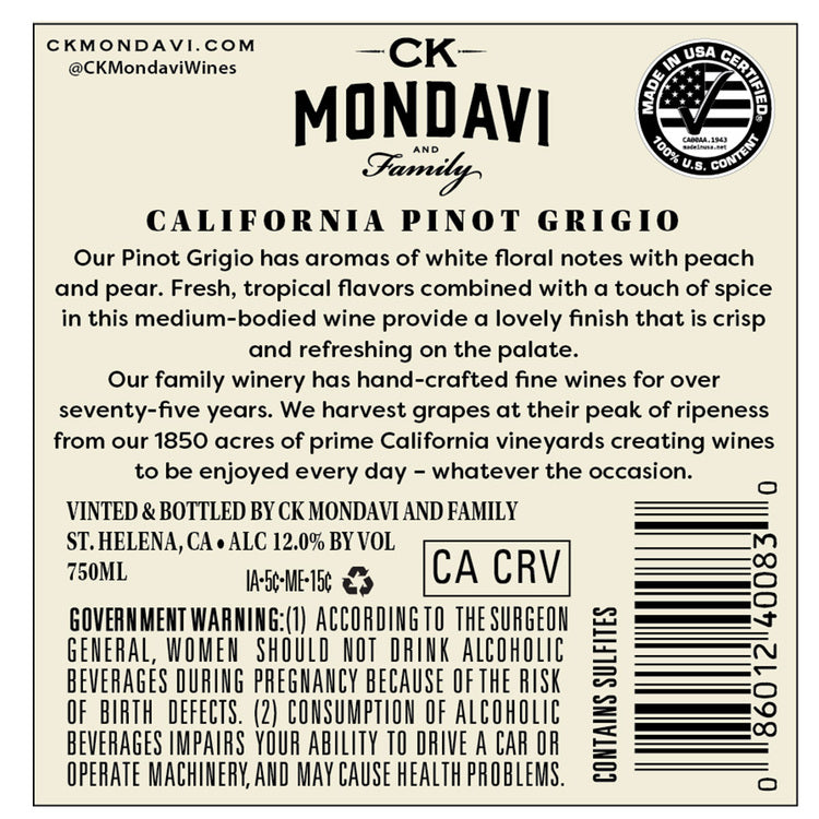 Ck Mondavi Pinot Grigio California - 750ML - Back Label
