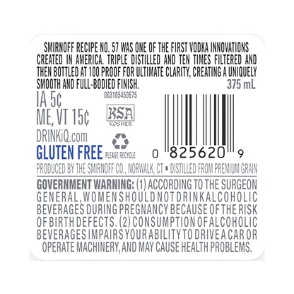 Smirnoff Vodka 100 - 375ML - Back Label