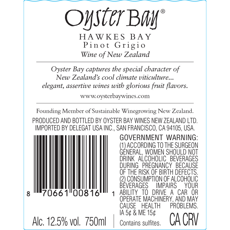 Oyster Bay Pinot Grigio Hawkes Bay - 750ML - Back Label