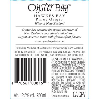 Oyster Bay Pinot Grigio Hawkes Bay - 750ML - Back Label