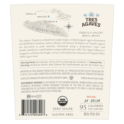 Tres Agaves Tequila Blanco 80 - 1.0L - Back Label