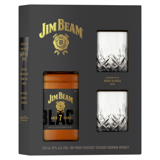 Jim Beam Straight Bourbon Black 7 Yr 90 W/ 2 Smokey Rock Glasses - 750ML - Front Label