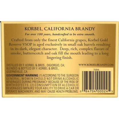 Korbel Brandy Vsop Gold Reserve 80 - 750ML - Back Label