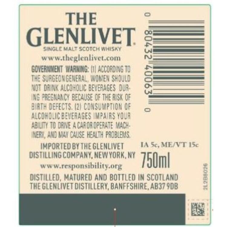 The Glenlivet Single Malt Scotch 12 Yr 80 With Carton - 750ML - Back Label