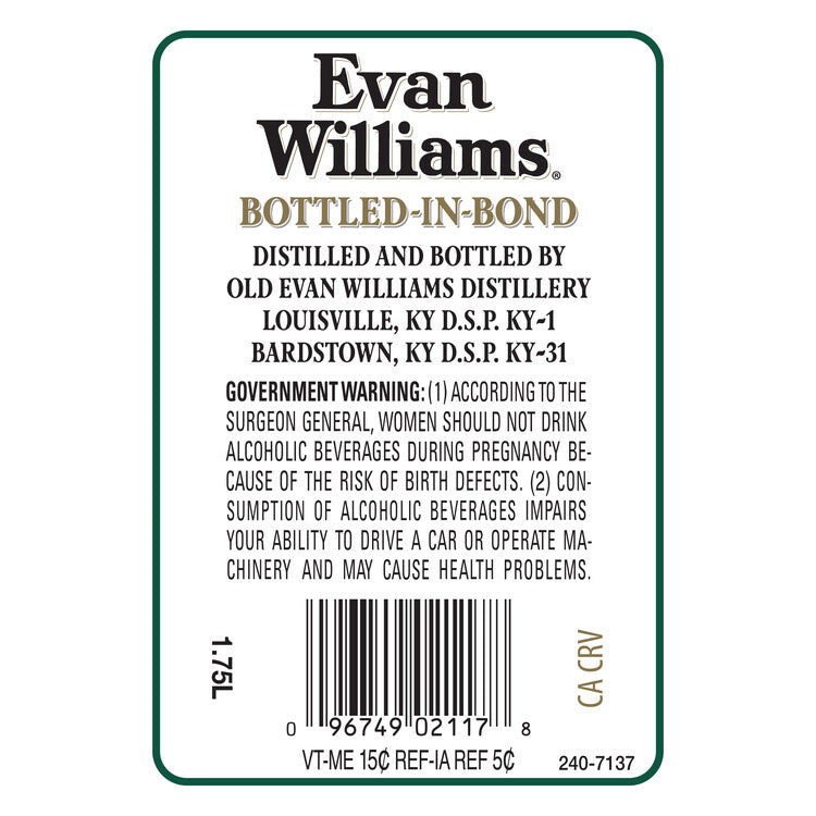 Evan Williams Straight Bourbon White Label Bottled In Bond 100 - 1.75L - Back Label