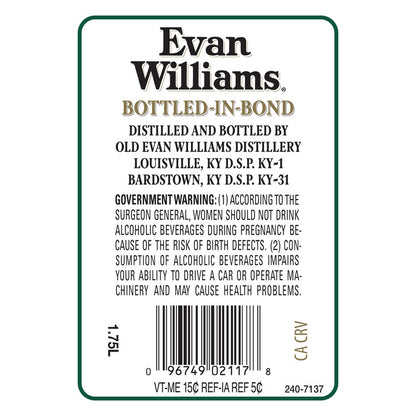 Evan Williams Straight Bourbon White Label Bottled In Bond 100 - 1.75L - Back Label