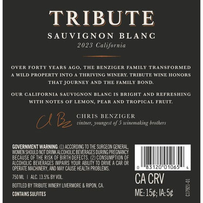 Tribute Sauvignon Blanc Monterey County - 750ML - Back