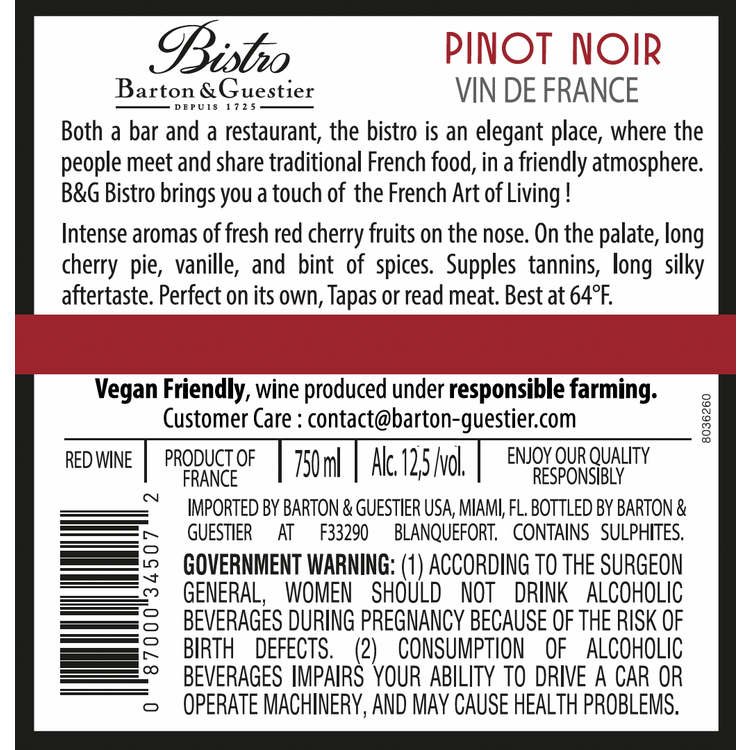 Barton & Guestier Pinot Noir Bistro France - 750ML - Back Label