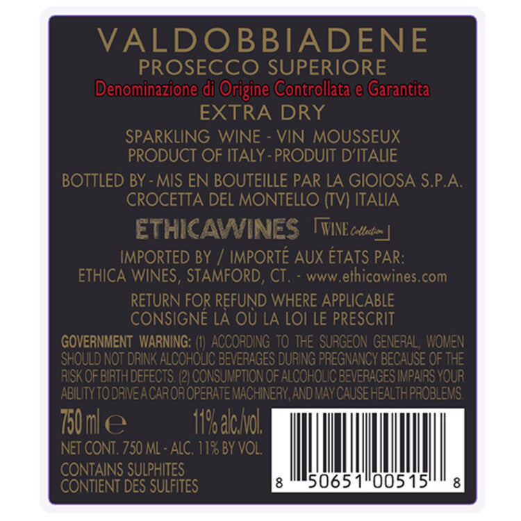 La Gioiosa Asolo Prosecco Superiore Extra Dry Millesimato - 750ML - Back Label