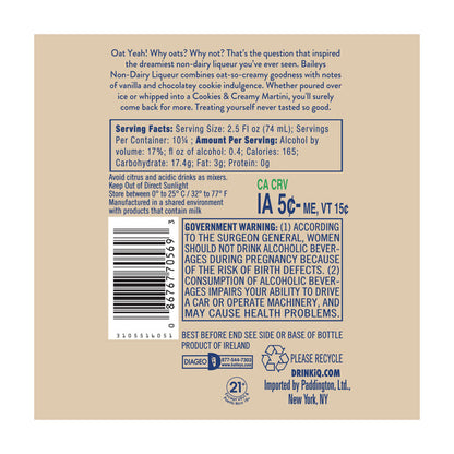 Baileys Cream Liqueur Cookie & Cream Non-Dairy Made With Oat Milk 34 - 750ML