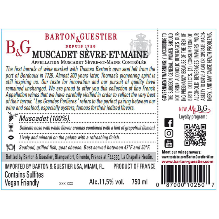 Barton & Guestier Muscadet Sevre Et Maine Les Grandes Perlieres 2019 - 750ML - Back