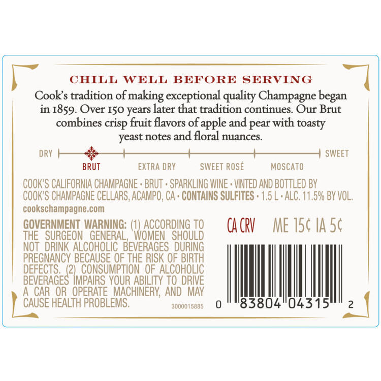 Cook's Brut Champagne California - 1.5L - Back Label