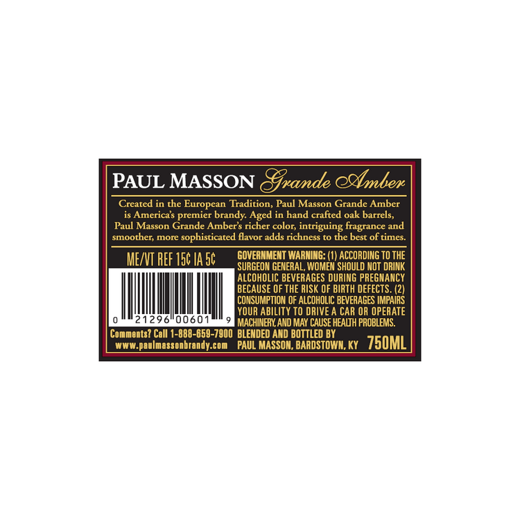 Paul Masson Brandy Grande Amber 80 - 750ML - Back Label