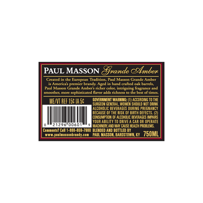 Paul Masson Brandy Grande Amber 80 - 750ML - Back Label