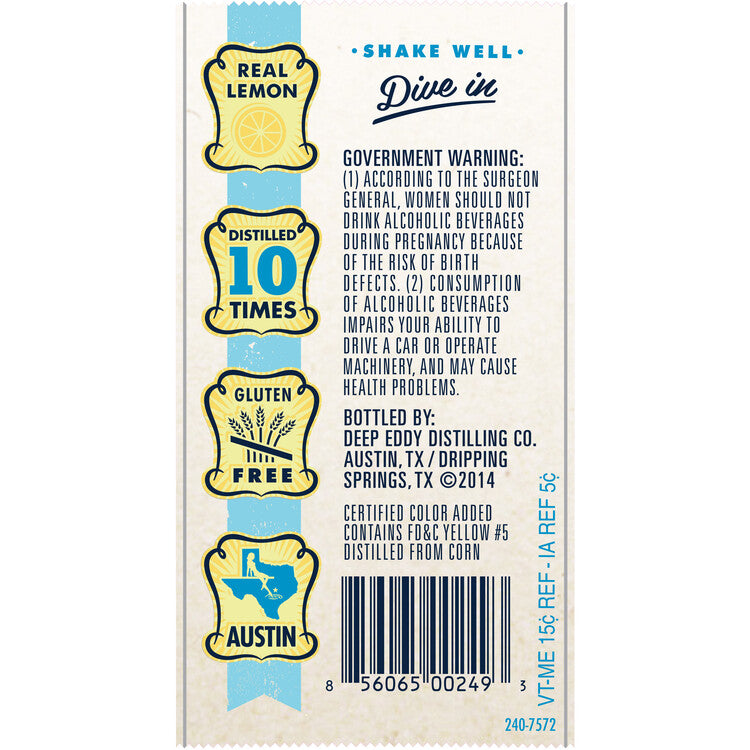 Deep Eddy Lemon Flavored Vodka 70 - 375ML - Back Label