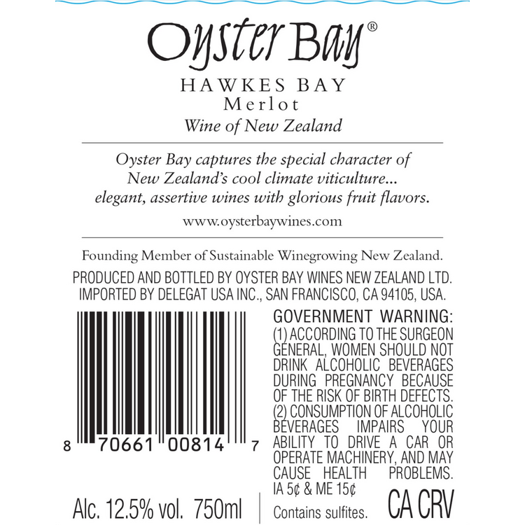 Oyster Bay Merlot Hawkes Bay - 750ML - Back Label