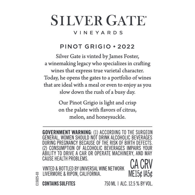 Silver Gate Vineyards Pinot Grigio California - 750ML - Back