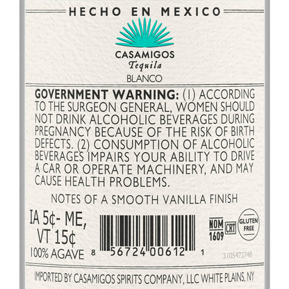 Casamigos Tequila Blanco 80 - 375ML - Back Label