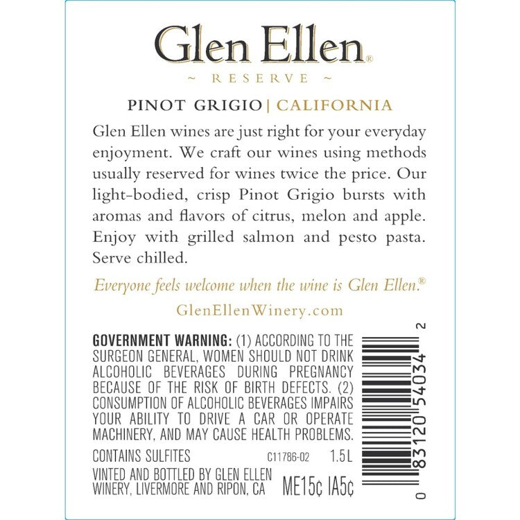 Glen Ellen Pinot Grigio/Colombard Reserve American - 1.5L - Back