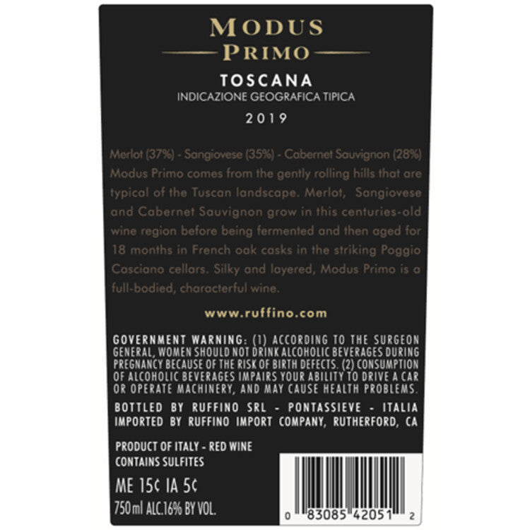 Ruffino Toscana Rosso Modus Primo 2019 Wood Box - 750ML - Back Label