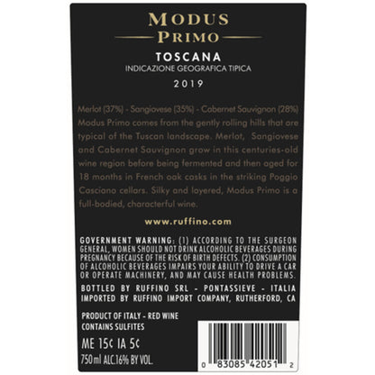 Ruffino Toscana Rosso Modus Primo 2019 Wood Box - 750ML - Back Label