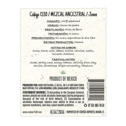 Codigo 1530 Mezcal Ancestral Joven 86.2 - 750ML - Back Label