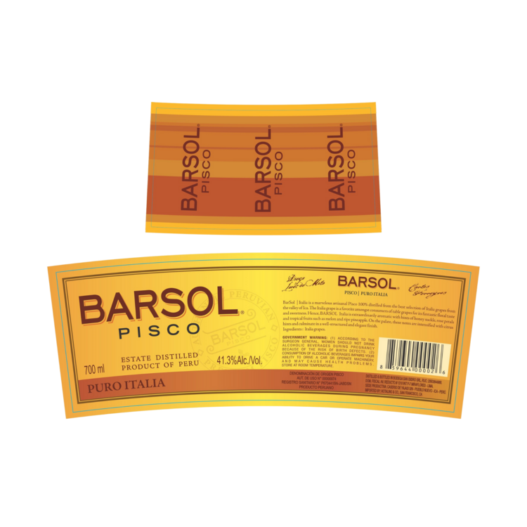 Barsol Pisco Puro Italia 82.6 - 700ML - Front Label