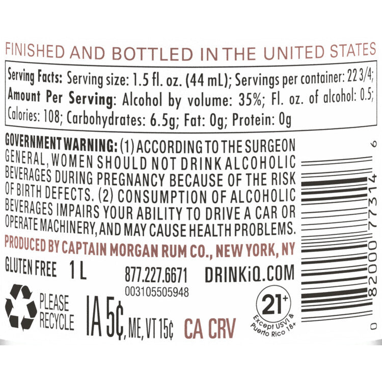 Captain Morgan Coconut Flavored Rum Caribbean Coconut 70 - 1.0L - Back Label