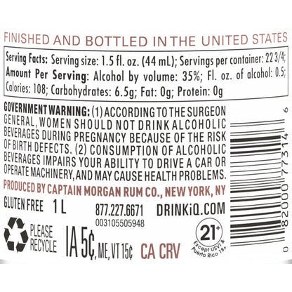 Captain Morgan Coconut Flavored Rum Caribbean Coconut 70 - 1.0L - Back Label