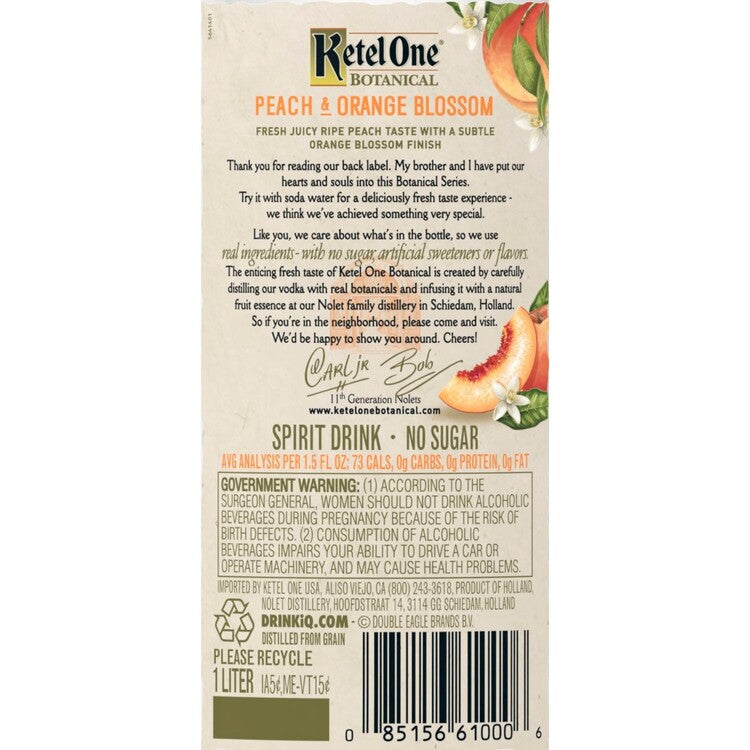 Ketel One Peach & Orange Blossom Flavored Vodka Botanical 60 - 1.0L - Back Label