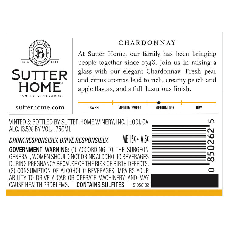Sutter Home Chardonnay California - 750ML - Back Label