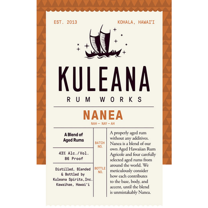 Kuleana Rum Works Aged Rum Nanea 2 Yr 86 - 750ML - Front Label