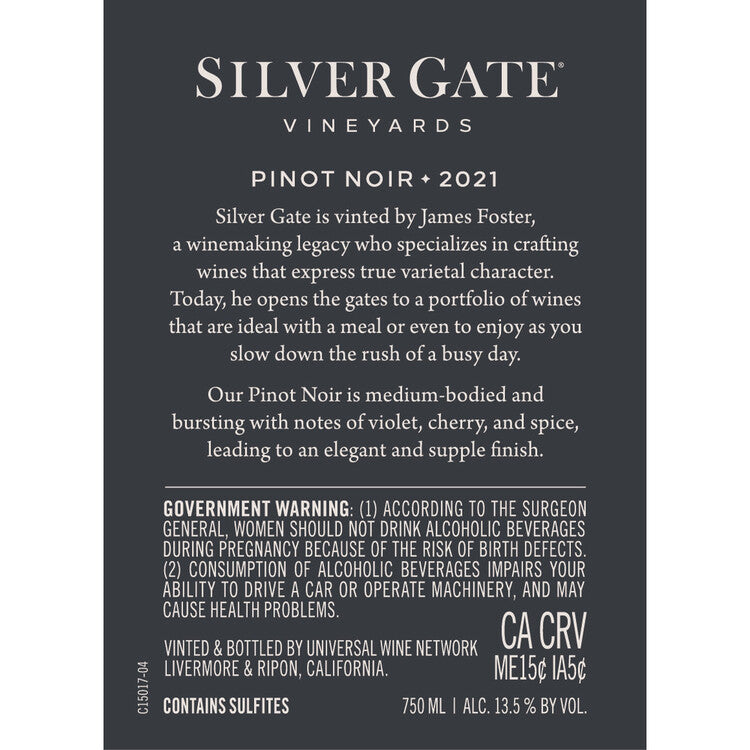 Silver Gate Vineyards Pinot Noir California - 750ML - Back