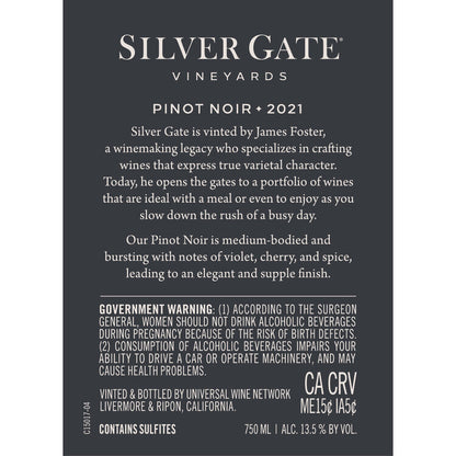 Silver Gate Vineyards Pinot Noir California - 750ML - Back