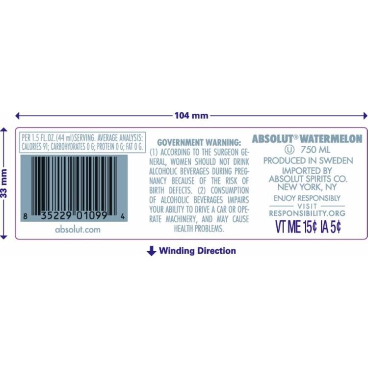 Absolut Watermelon Flavored Vodka 76 - 750ML - Back Label