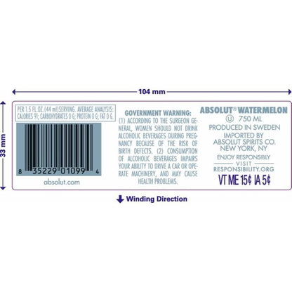 Absolut Watermelon Flavored Vodka 76 - 750ML - Back Label