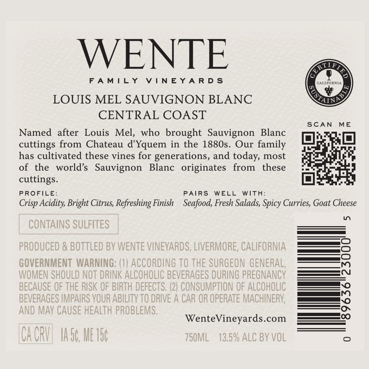 Wente Vineyards Sauvignon Blanc Louis Mel Central Coast - 750ML - Back Label