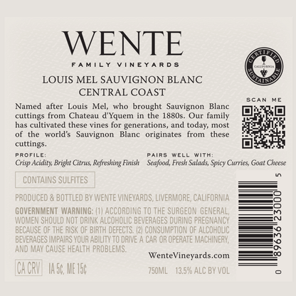 Wente Vineyards Sauvignon Blanc Louis Mel Central Coast - 750ML - Back Label