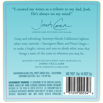 Josh Cellars Seaswept Sauvignon Blanc & Pinot Grigio California - 750ML - Back Label