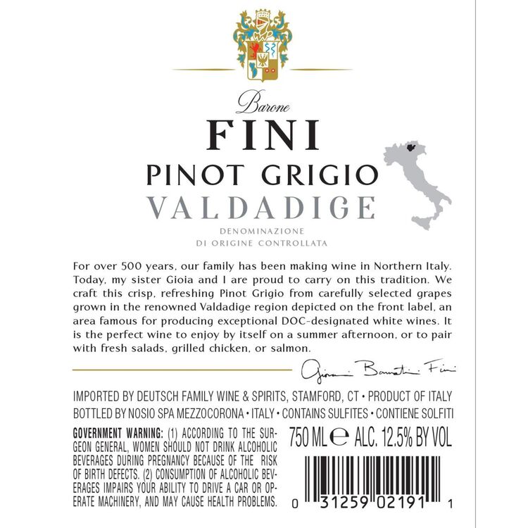 Barone Fini Pinot Grigio Valdadige - 750ML - Back Label