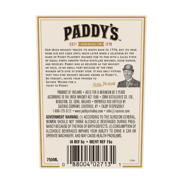 Paddy Blended Irish Whiskey 80 - 750ML - Back Label