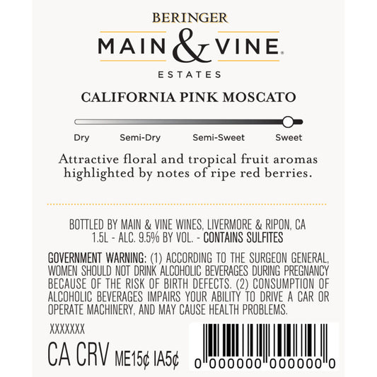Beringer Main & Vine Pink Moscato California - 1.5L - Back Label