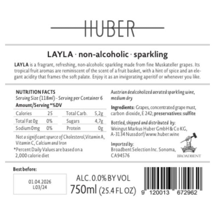 Markus Huber Non Alcoholic Sparkling Wine Layla - 750ML - Back Label