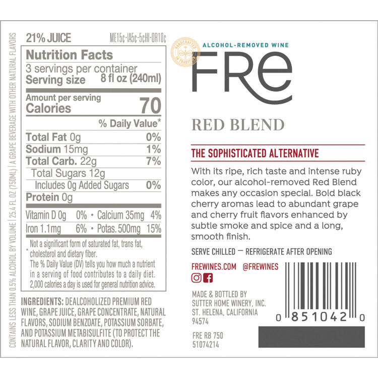 Fre Red Blend Alcohol Removed - 750ML - Back Label